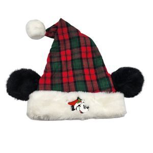Walt Disney World Rare Mickey Ears Santa Hat Plaid Adult Size Fluffy Soft